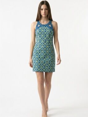 Gretchen Scott Designs Blue and Lime Geometric Isosceles Dress